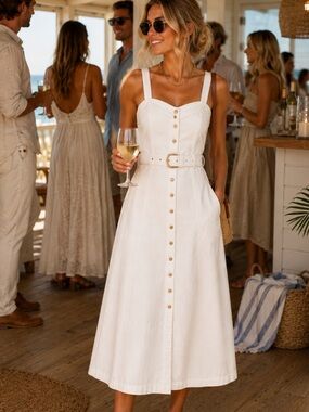 NWT EDIT Jason Wu Ivory Stretch Cotton Belted Midi Dress Size 2